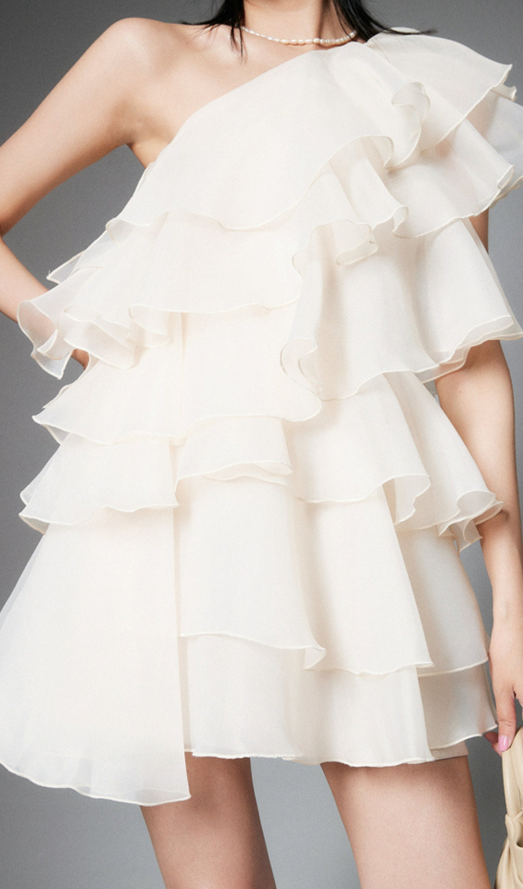 CAP SLEEVE ONE-SHOULDER TIERED MINI DRESS