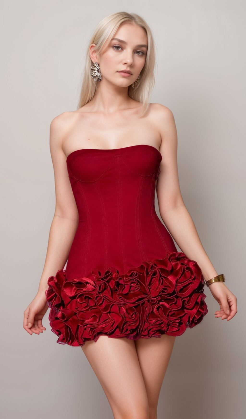 ANGELA STRAPLESS RED MINI DRESS, FLOWER TRIM PARTY