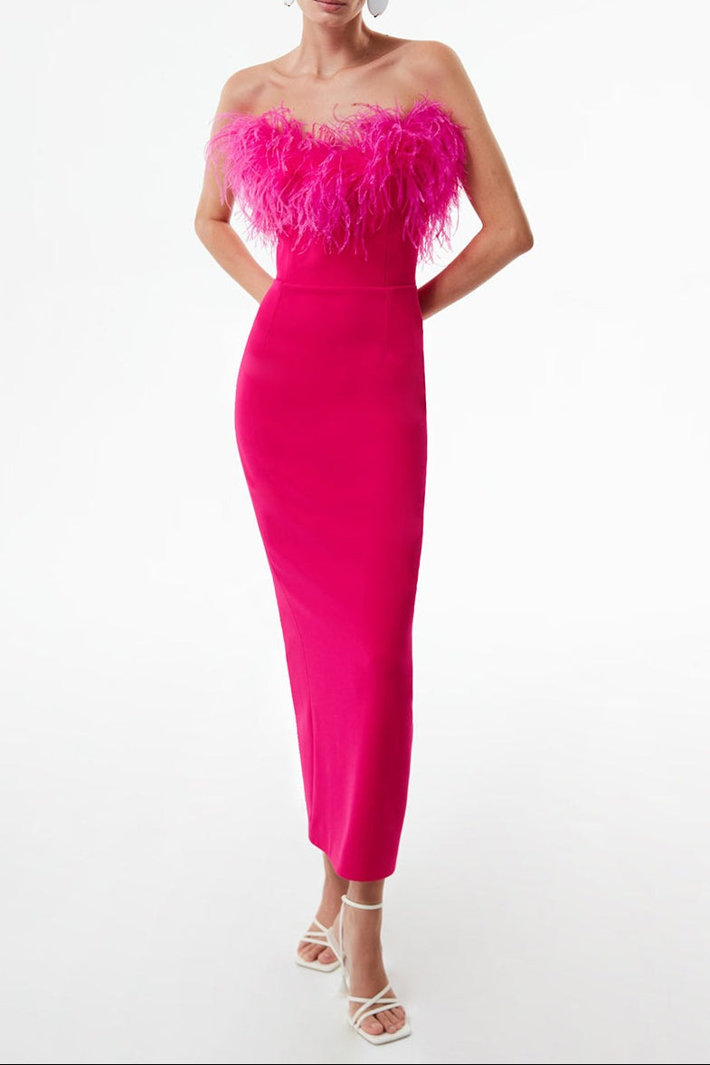 FEATHER BODYCON BANDAGE MIDI DRESS HOT PINK