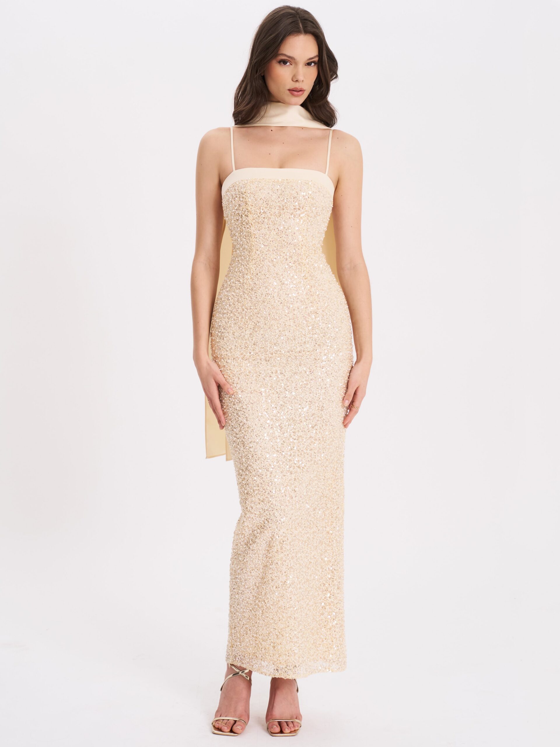 GOLD BEADED SEQUIN BODYCON GOWN WITH SCARF