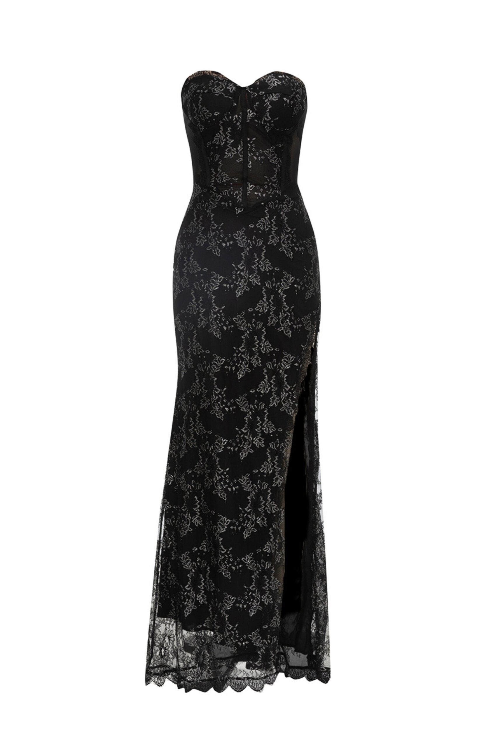 BLACK LACE STRAPLESS HIGH SPLIT MAXI DRESS