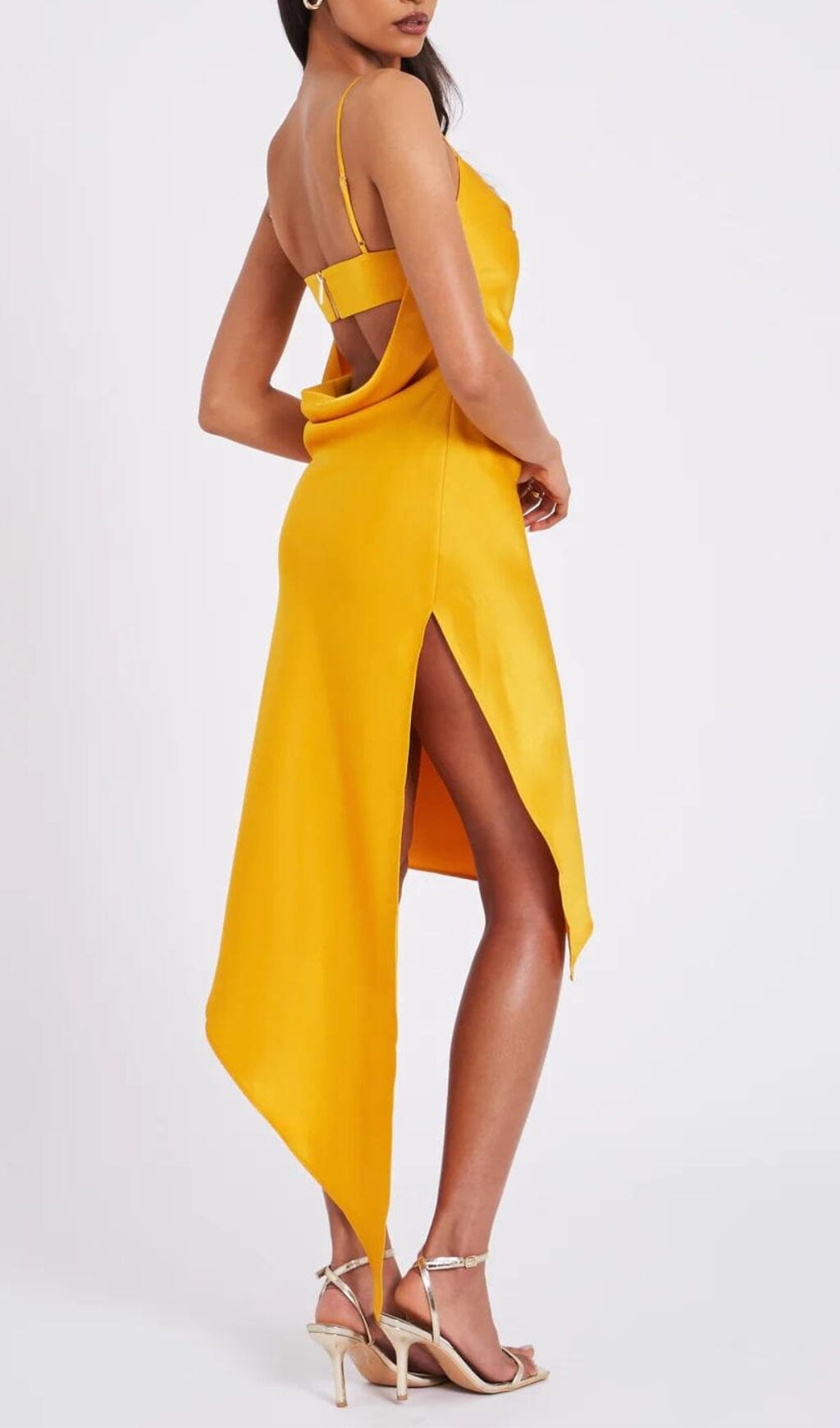 ORANGE SATIN DRAPE MIDI DRESS, COCKTAIL