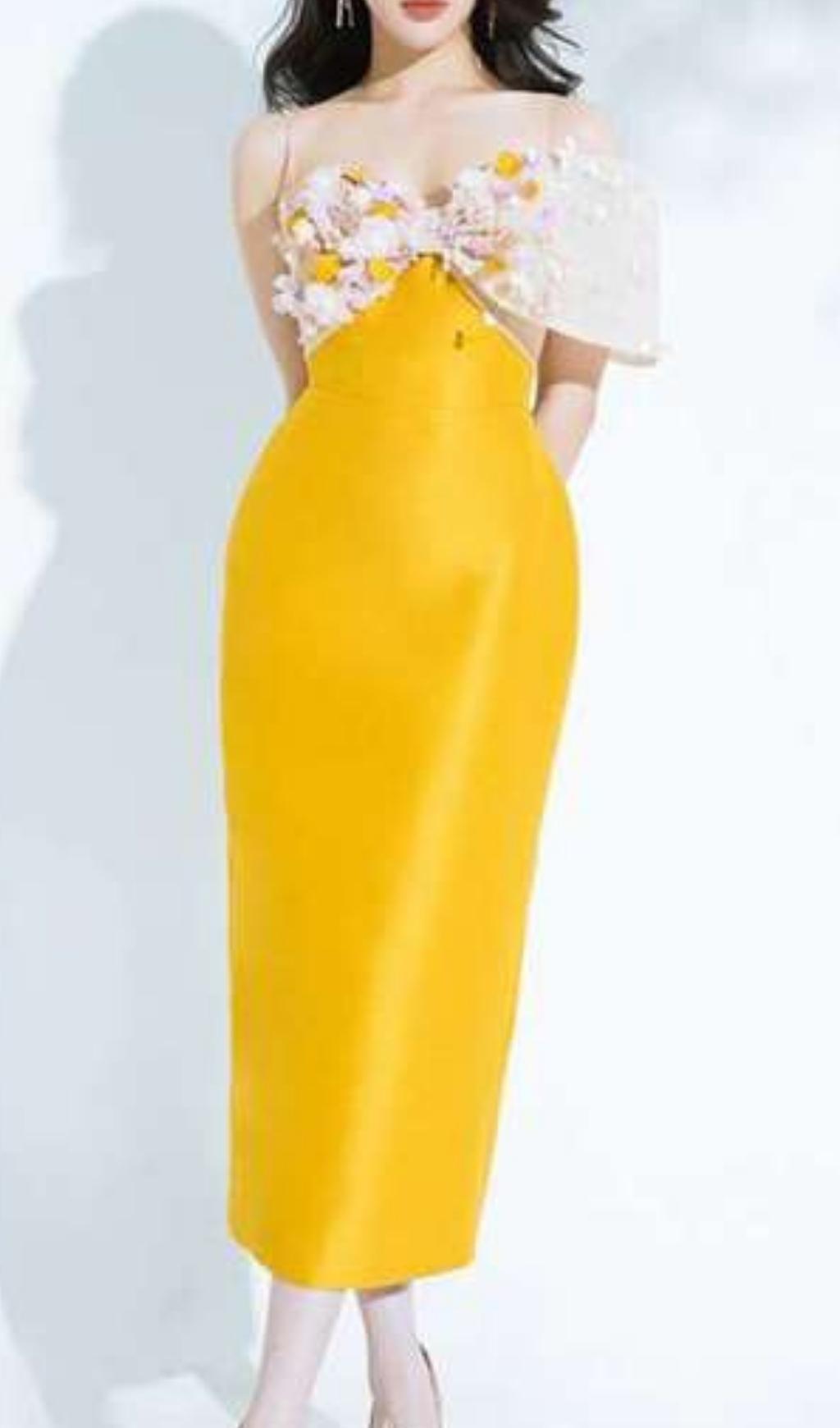 YELLOW FLOWER MIDI DRESS FOR WEDDING GUEST
