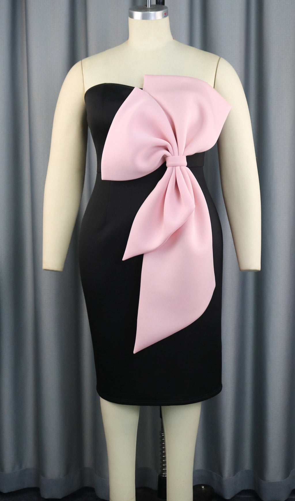3D BIG BOW STRAPLESS MIDI BLACK DRESS