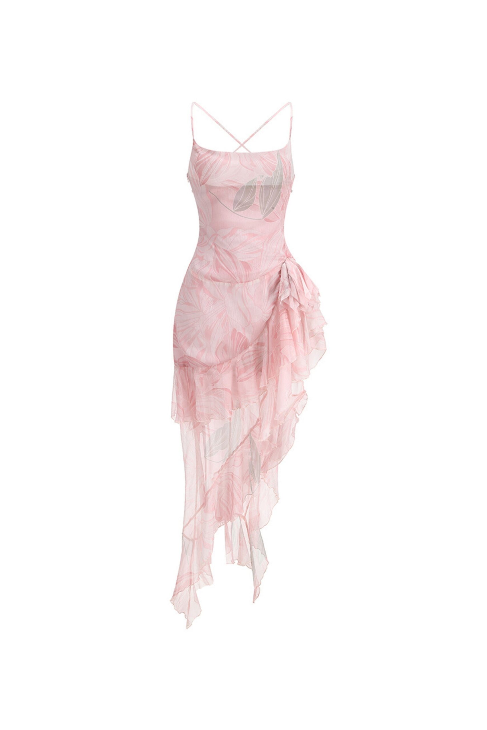 RUFFLE FLORAL BACKLESS MAXI DRESS, PINK