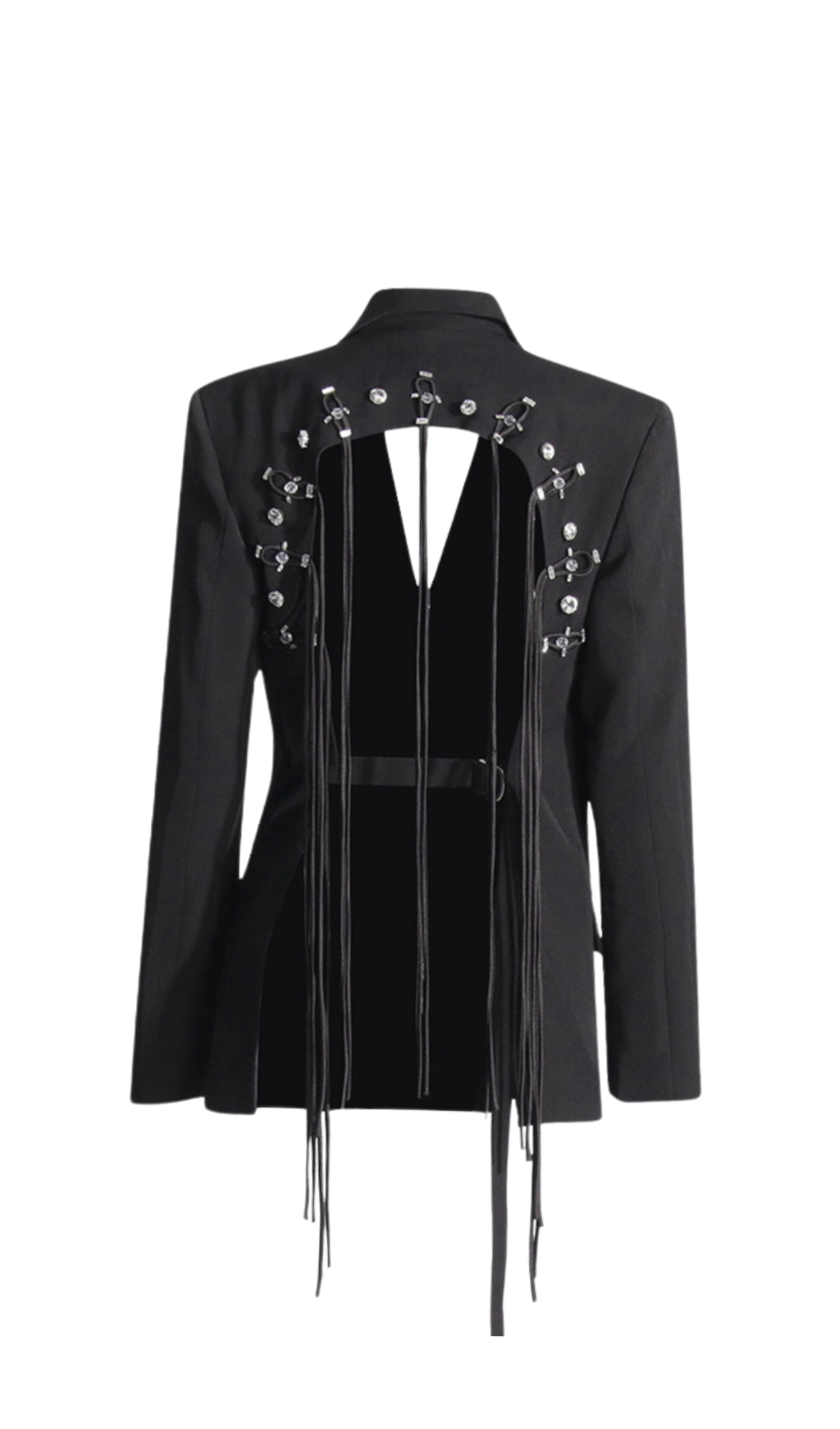 BLACK BACKLESS FRINGE BLAZER, PARTY HOLLOW VENUE