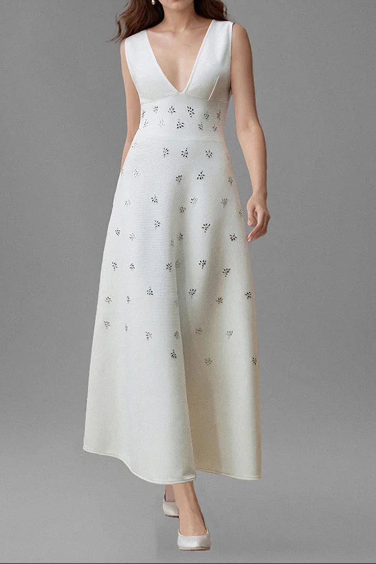 LILY WHITE V-NECK MIDI DRESS FOR WEDDING GUEST