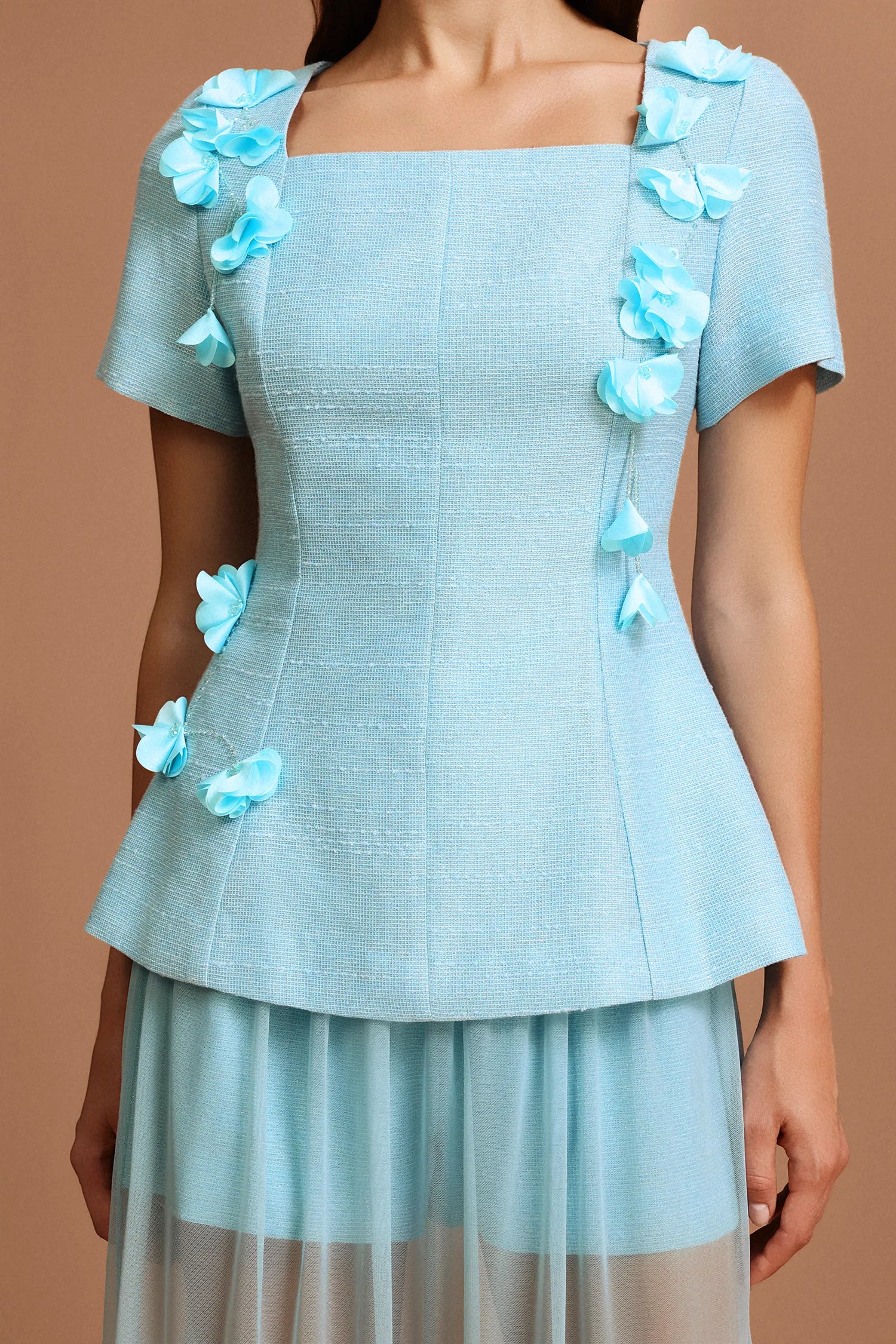 URSULA BLUE FLORAL TWO-PIECE SET SHORT SLEEVES FOLD SKIRT