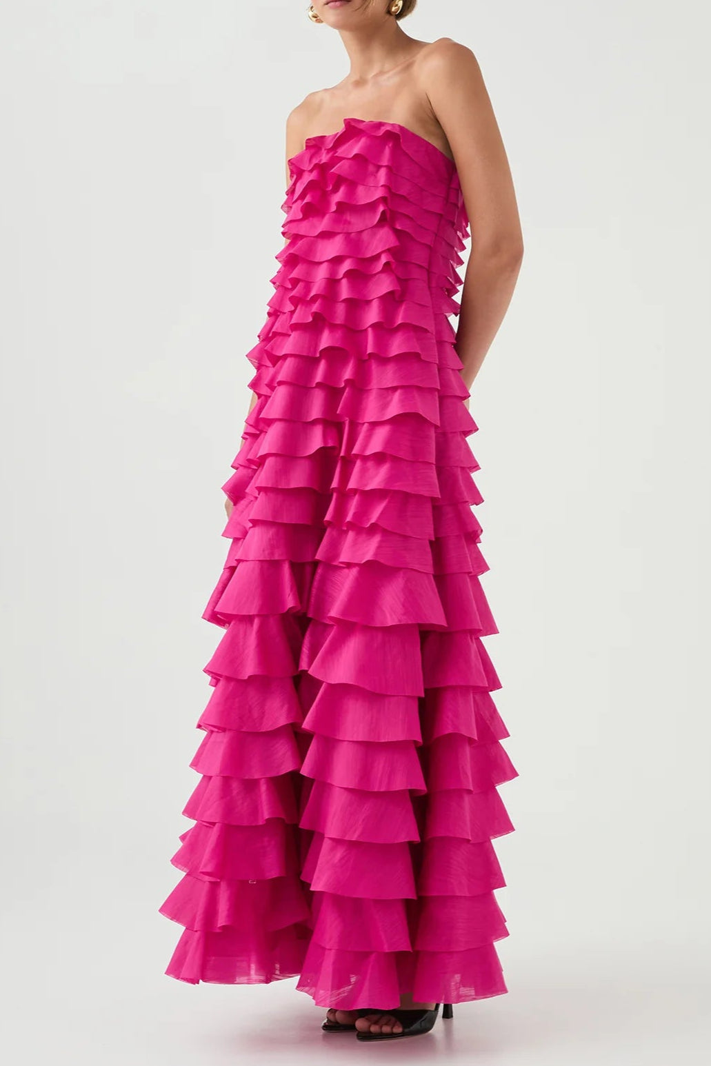CATHY PLEATED STRAPLESS MAXI DRESS IN ROSE RED