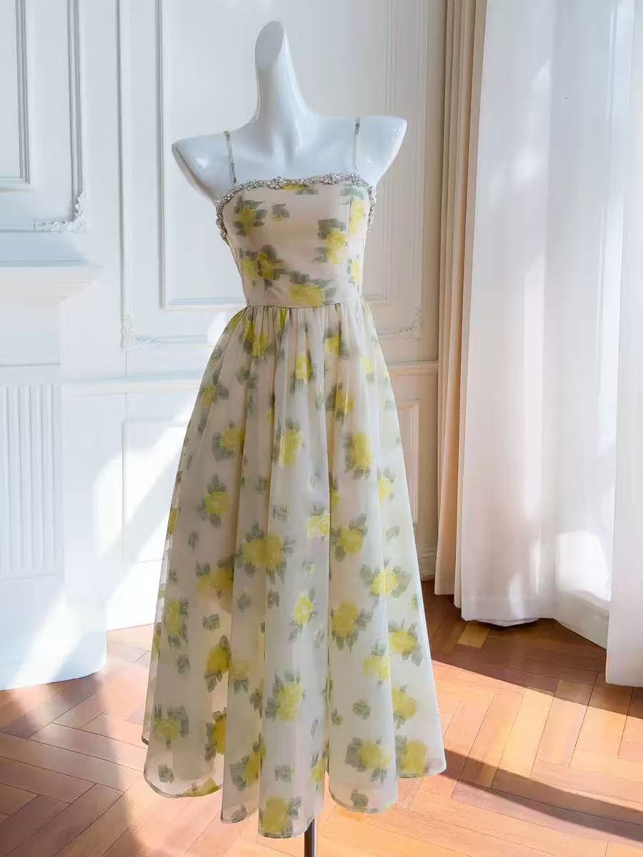 LEMON YELLOW STRAPLESS LONG COCKTAIL DRESS