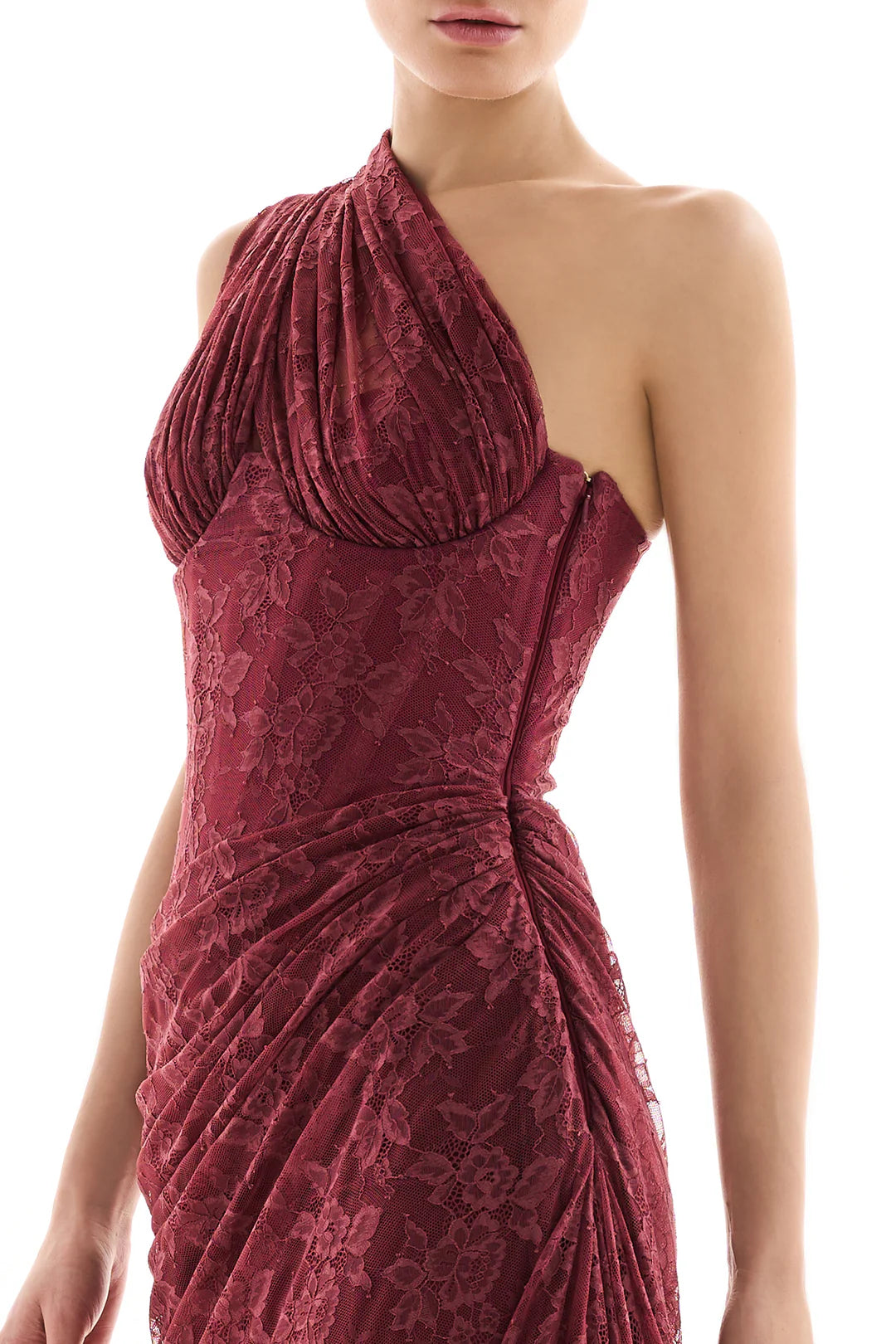 WENDY BURGUNDY LACE ONE-SHOULDER MAXI DRESS FOR EVENTS