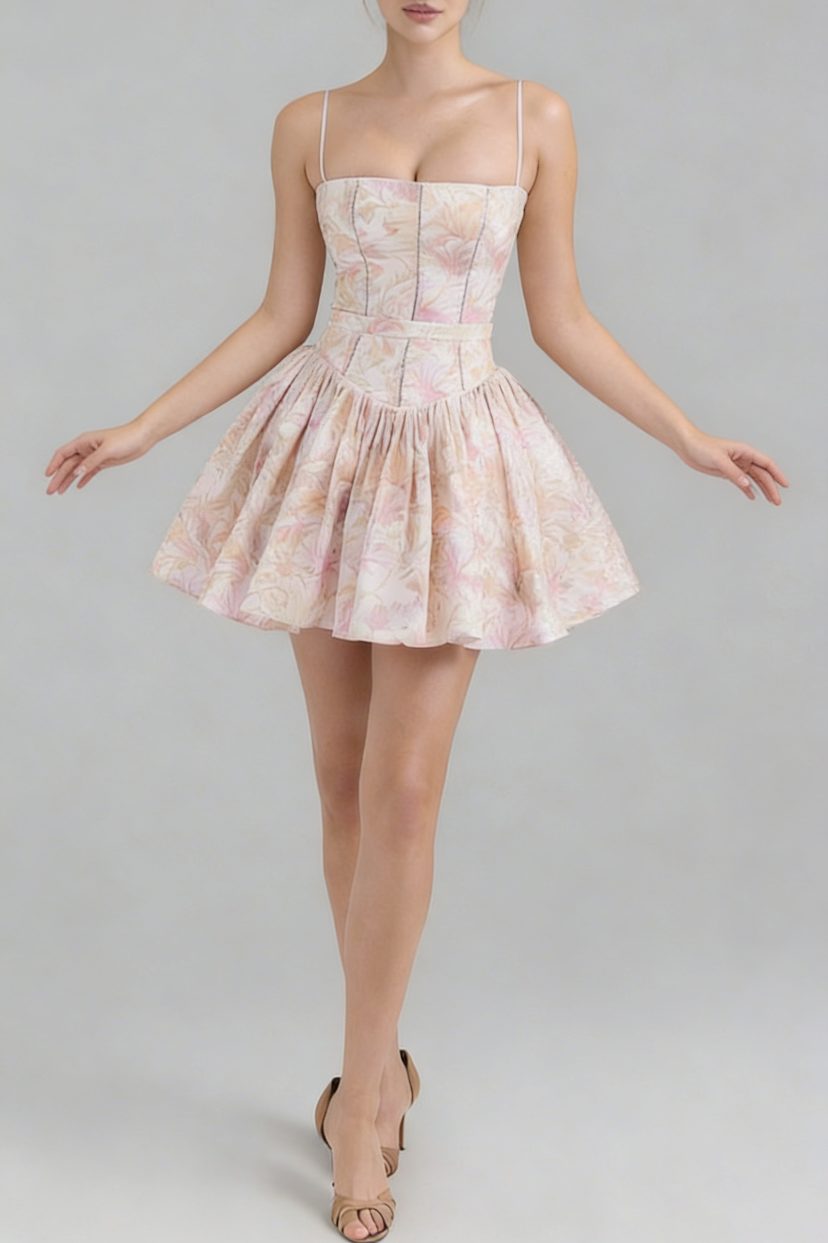 HELEN FLORAL PEACH MINI DRESS - A-LINE COTTON