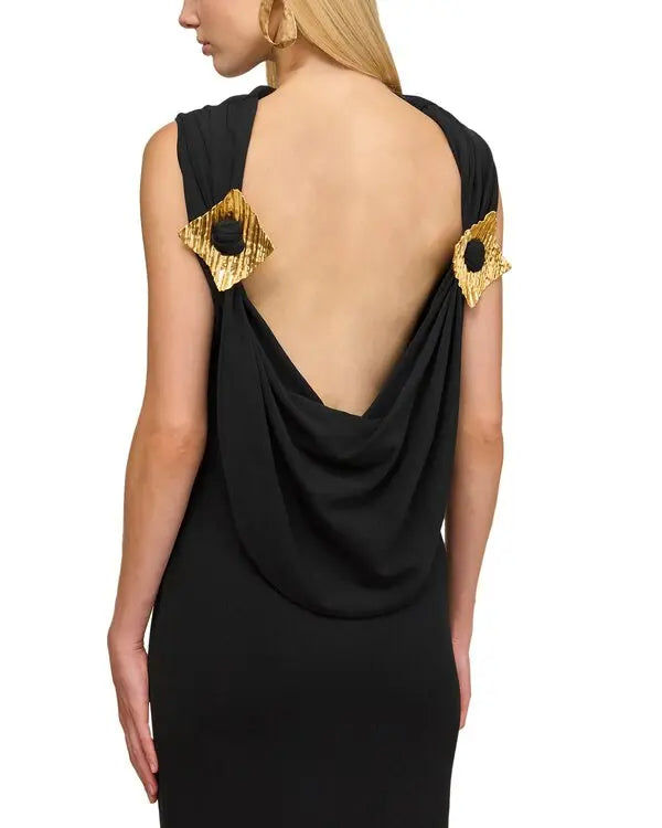 BLACK SLEEVELESS BACKLESS MIDI DRESS, GOLD PLEATED EMBELLISHMENTS