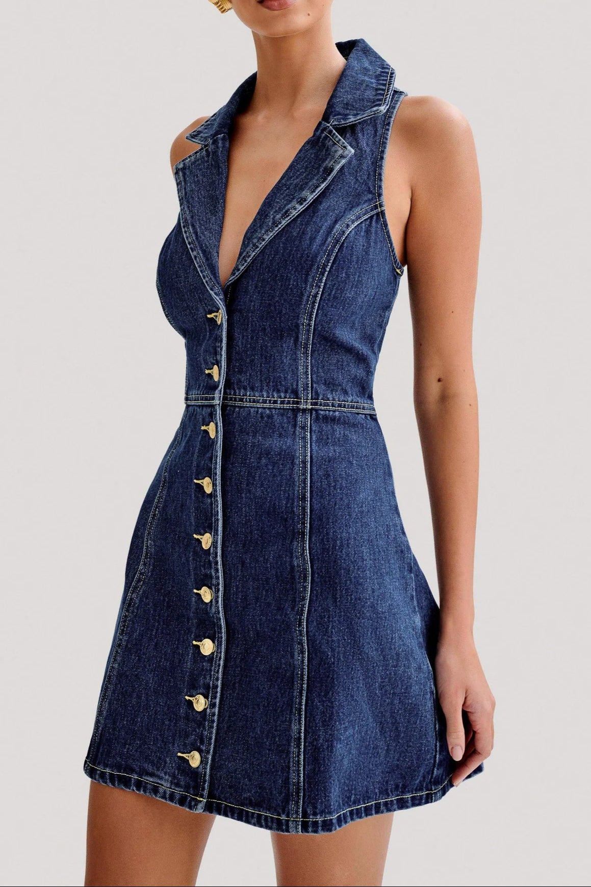 EARTHA COLLARED DENIM MINI DRESS DARK BLUE