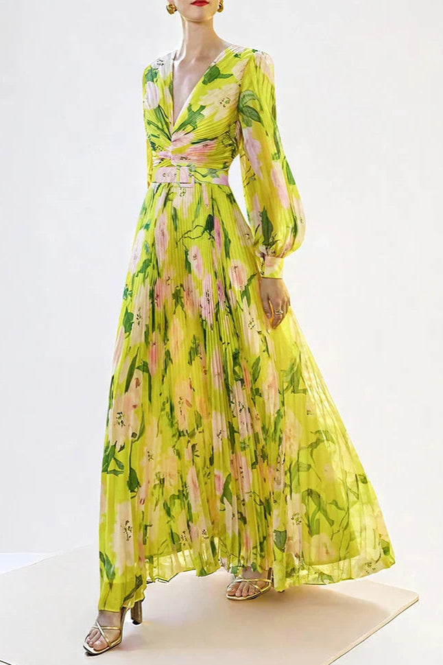 V-NECK SILK PRINTED PLEATED MAXI YELLOW DRESS