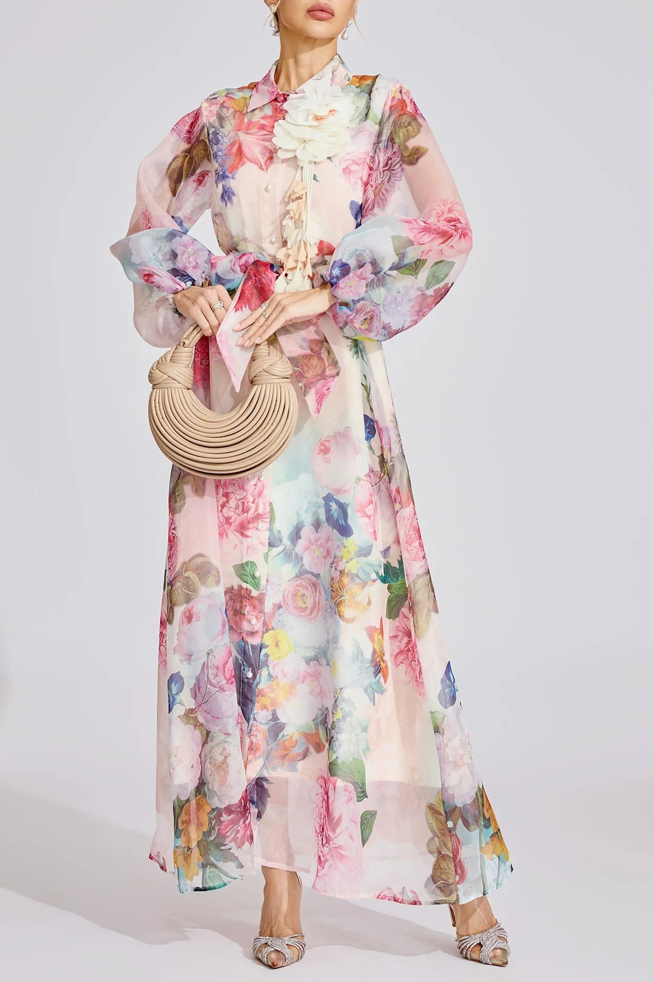 VIVIEN PINK FLORAL LANTERN SLEEVE MAXI DRESS