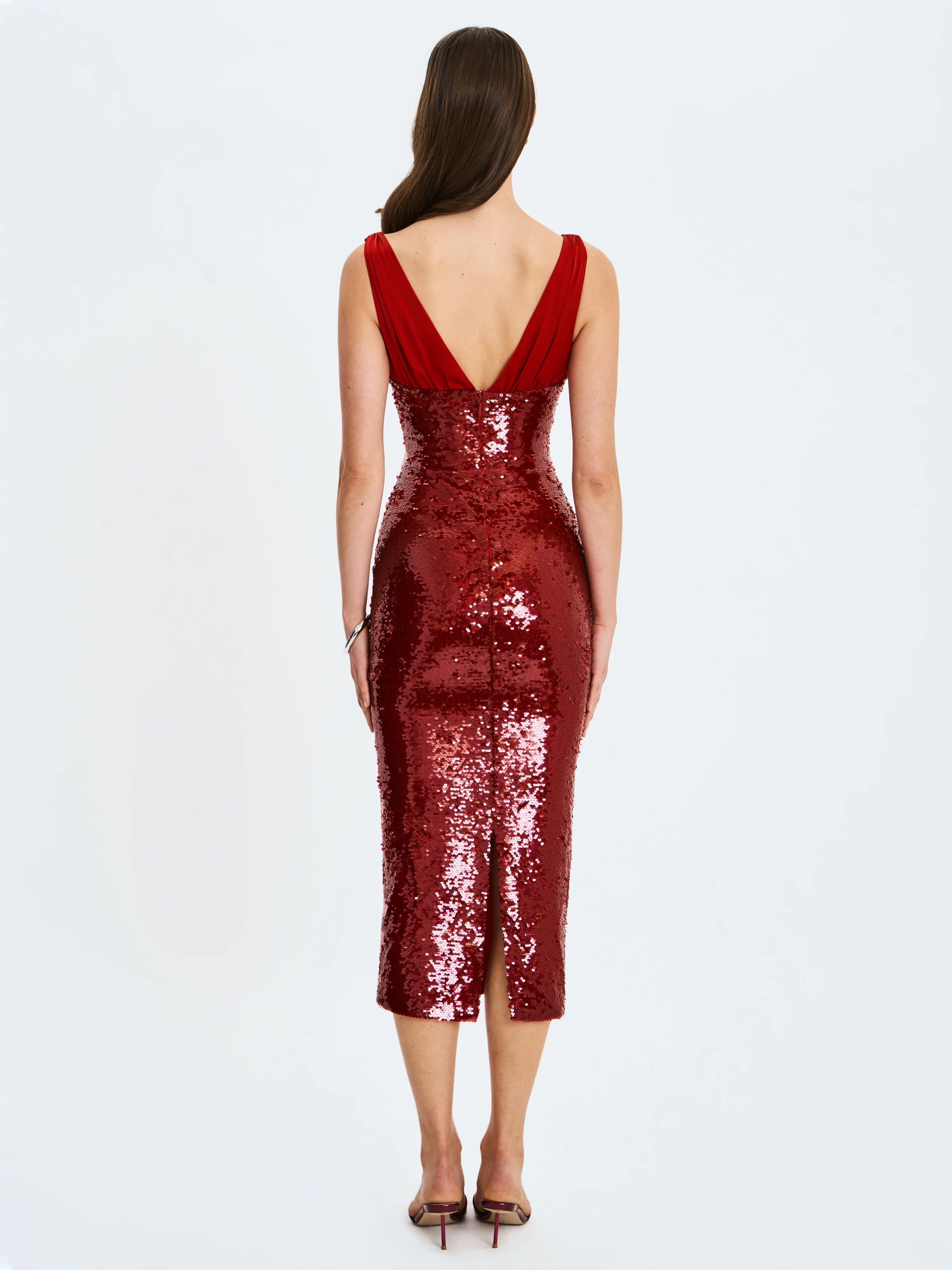 VIRGINIA RED SEQUIN PLUNGING MIDI DRESS FOR EVENING