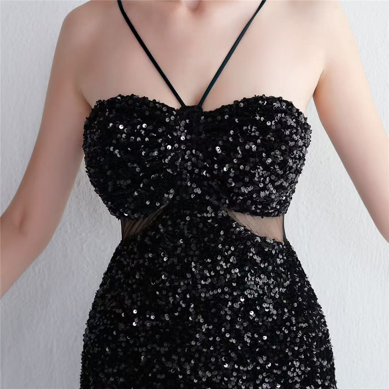 MARIAN BLACK CUTOUT SEQUIN HALTER MAXI DRESS