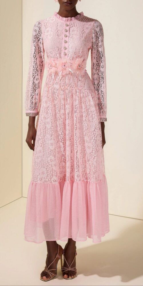 9cd311a0-938e-43f0-a427-ffc06f7fc0fb VIRGINIA LACE MIDI DRESS 3D FLOWER RHINESTONE PINK
