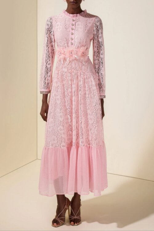 9cd311a0-938e-43f0-a427-ffc06f7fc0fb VIRGINIA LACE MIDI DRESS 3D FLOWER RHINESTONE PINK