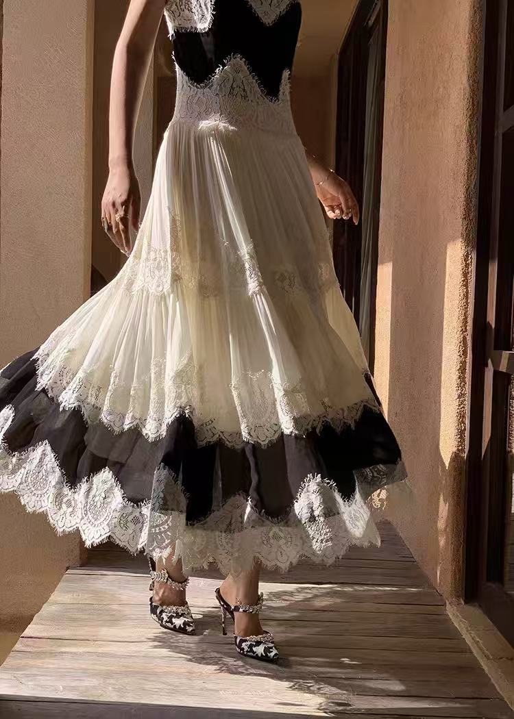 BLACK LACE TIERED SPAGHETTI STRAP MAXI DRESS
