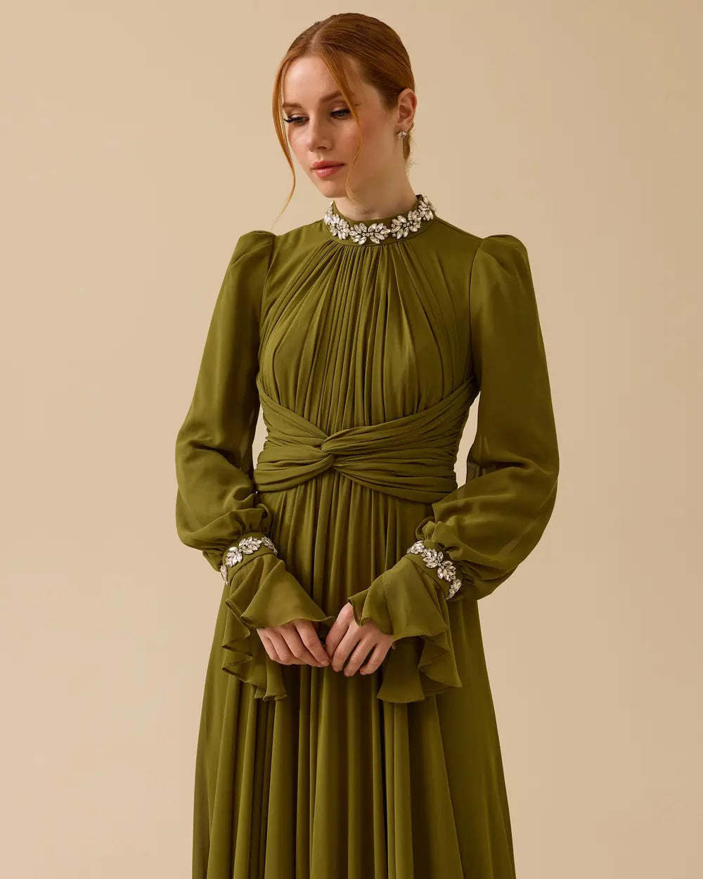 ALYSSA PUFF SLEEVE PLEATED SILK MAXI DRESS IN GREEN