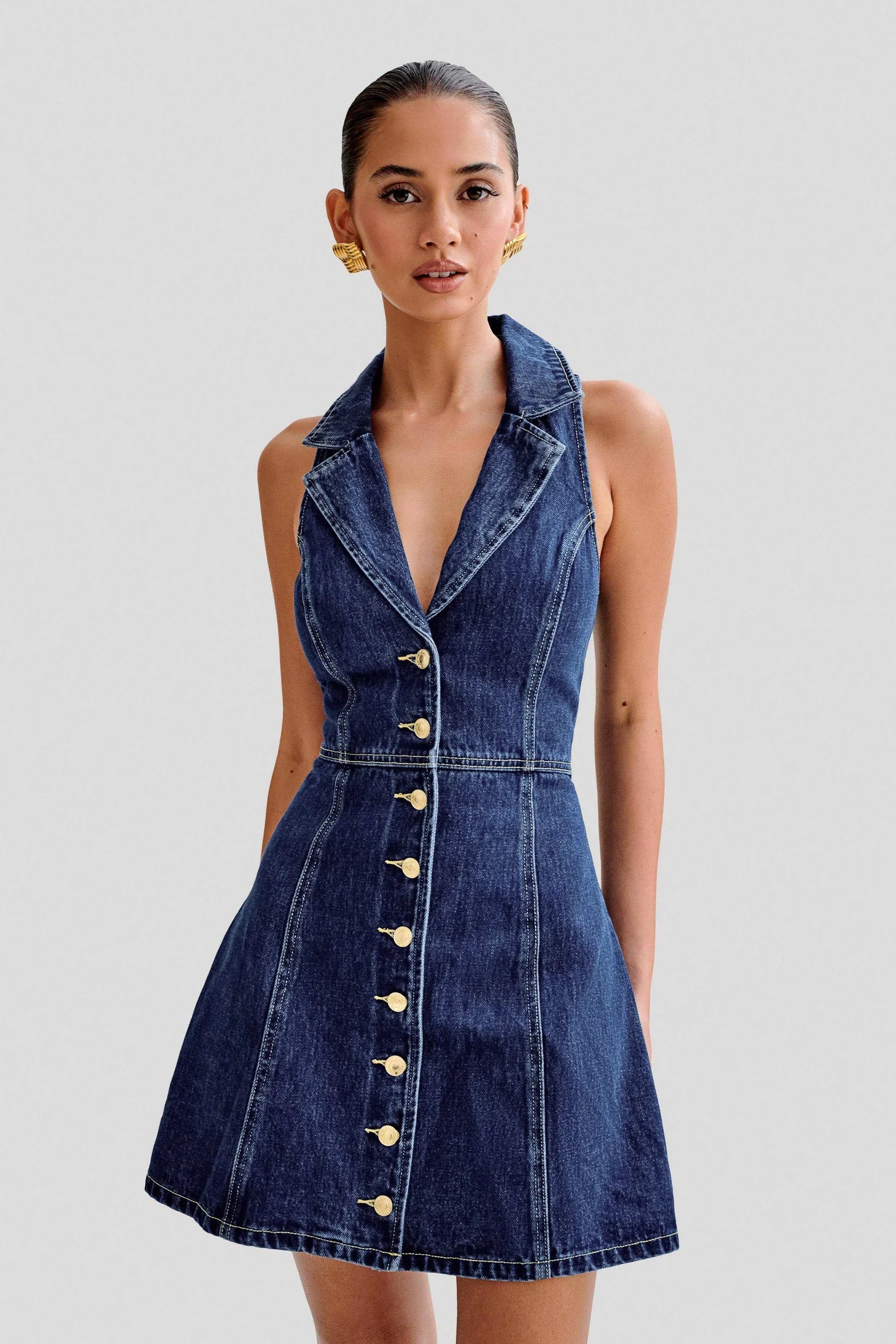EARTHA COLLARED DENIM MINI DRESS DARK BLUE