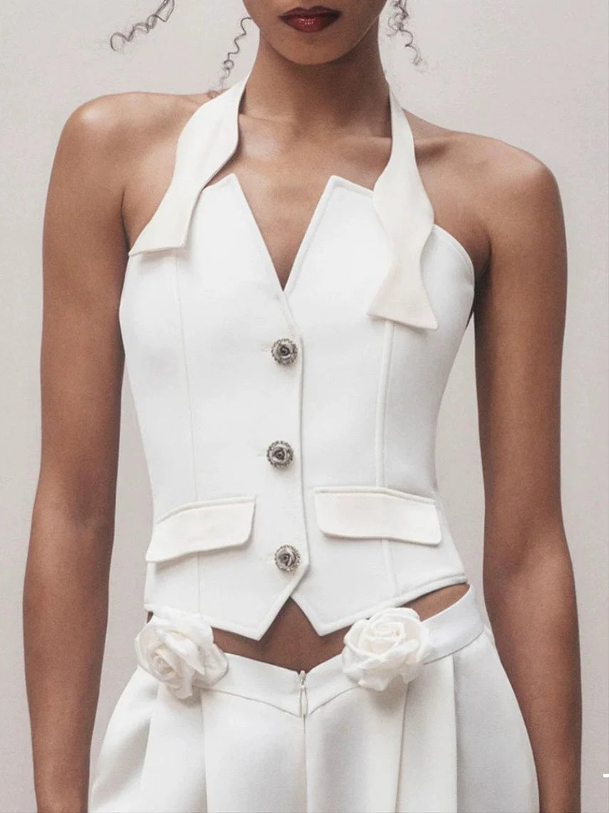 HALTER VEST FLOWER EMBELLISHED PANTS SUIT IVORY WEDDING