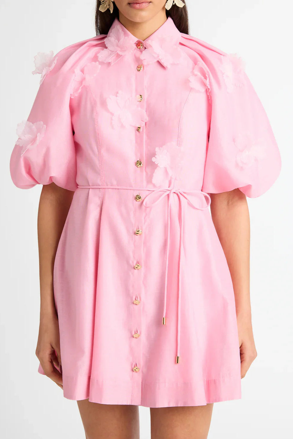 ELVIRA 3D-PETAL BELTED MINI SHIRT DRESS, PINK