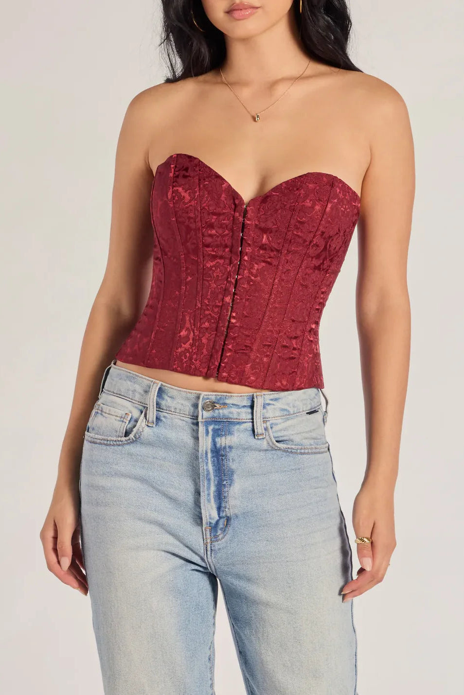 BURGUNDY BROCADE SATIN STRAPLESS CORSET TOP FOR PARTY