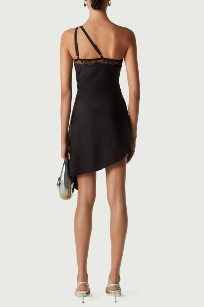 ONE-SHOULDER LACE HOLLOW MINI DRESS BLACK