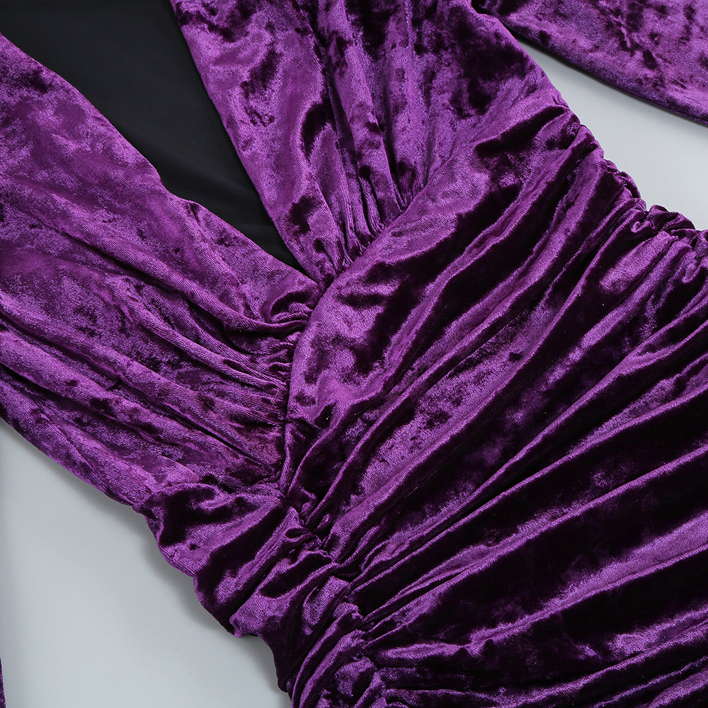 PURPLE VELVET V-NECK RUCHED MINI DRESS FOR PARTY