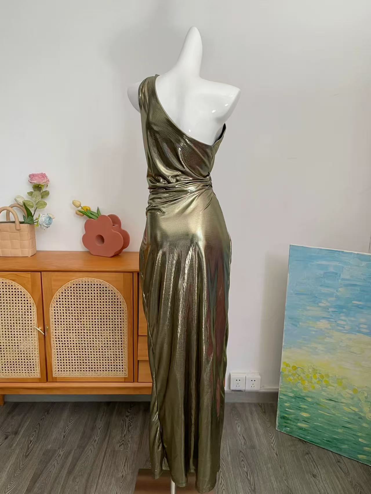 GOLD METALLIC HIGH SLIT MAXI GOWN