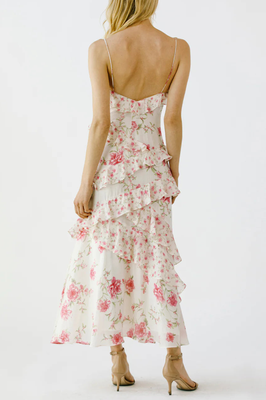 PINK FLORAL RUFFLE TIERED MAXI DRESS FOR SUMMER