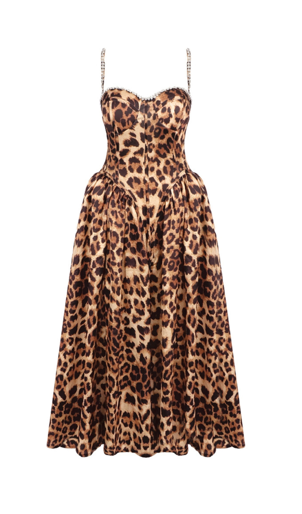 ANIMAL PRINT CRYSTAL BUSTIER A-LINE MIDI DRESS