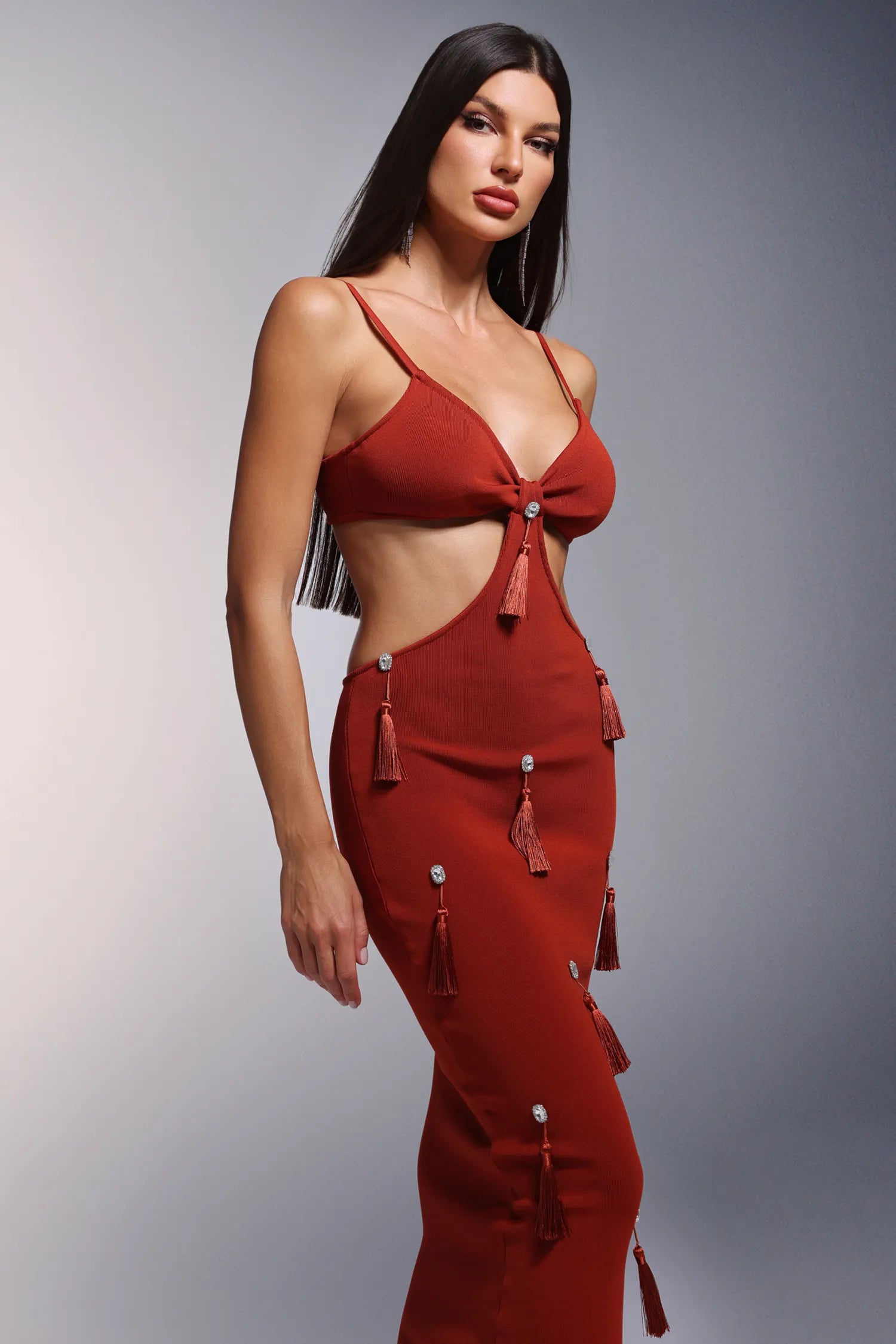 DEEP-V RED BANDAGE MAXI DRESS WITH TASSELS