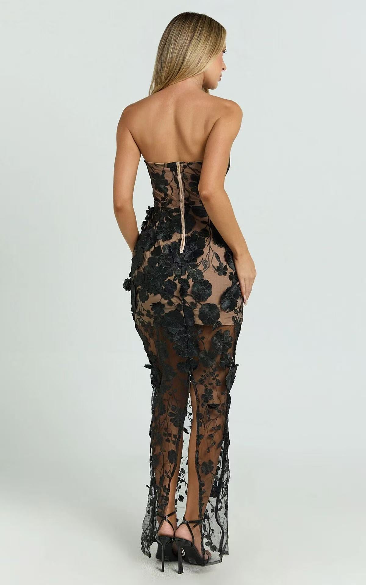 STRAPLESS 3D FLORAL MESH MAXI DRESS FOR WEDDING GUEST