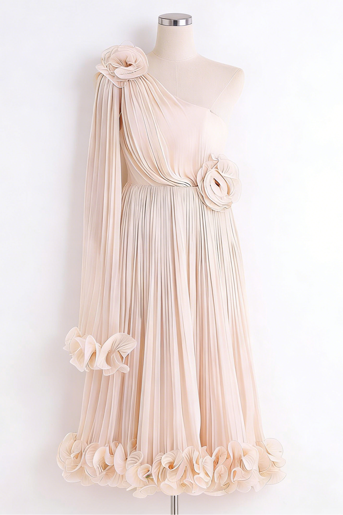 SIMONE ONE SHOULDER 3D FLOWER RUFFLE MAXI DRESS APRICOT