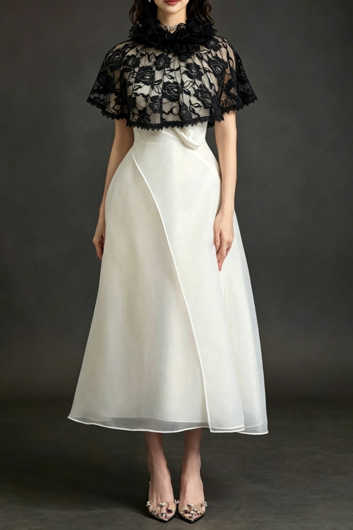 Black Lace Capelet Organza Midi Formal Dress
