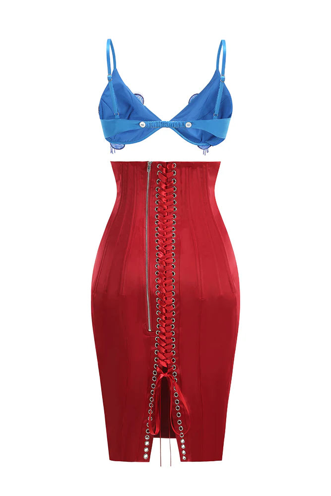 GWENDOLYN RED BEADED LACE-UP MINI DRESS SET