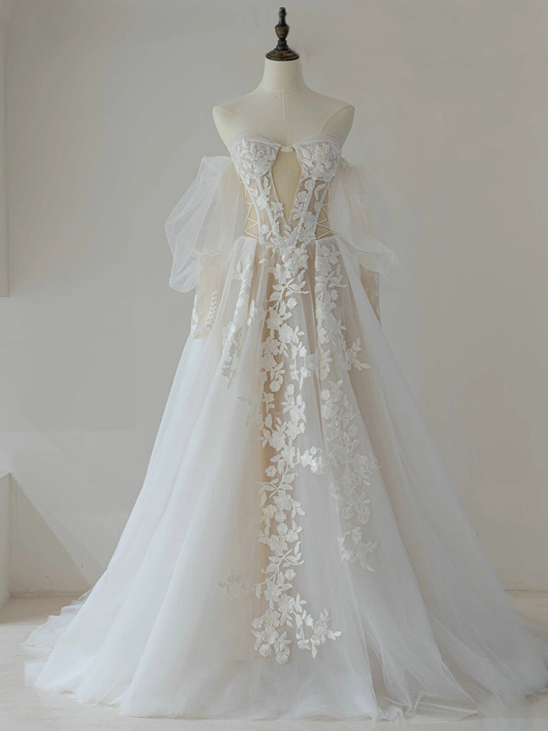 LIGHT CHAMPAGNE A-LINE LACE TULLE PROM GOWN