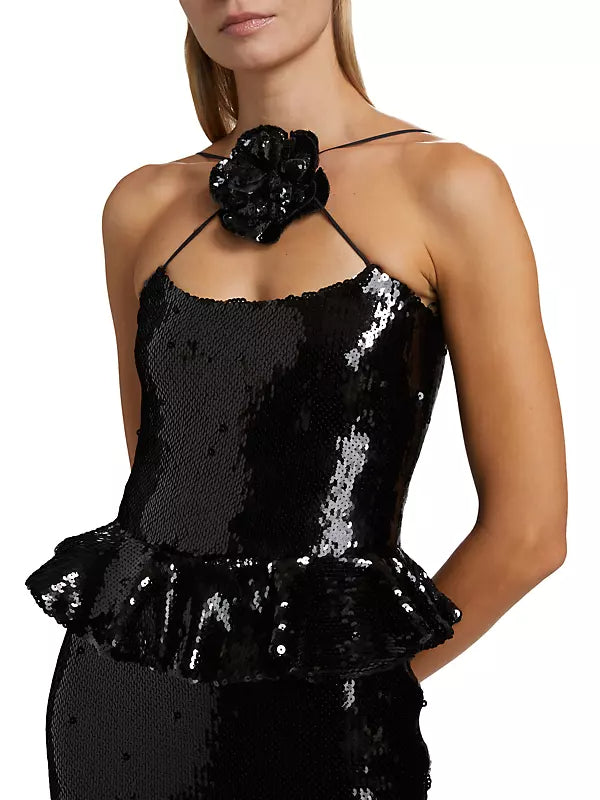 SEQUIN PEPLUM MAXI DRESS BLACK EVENING GOWN