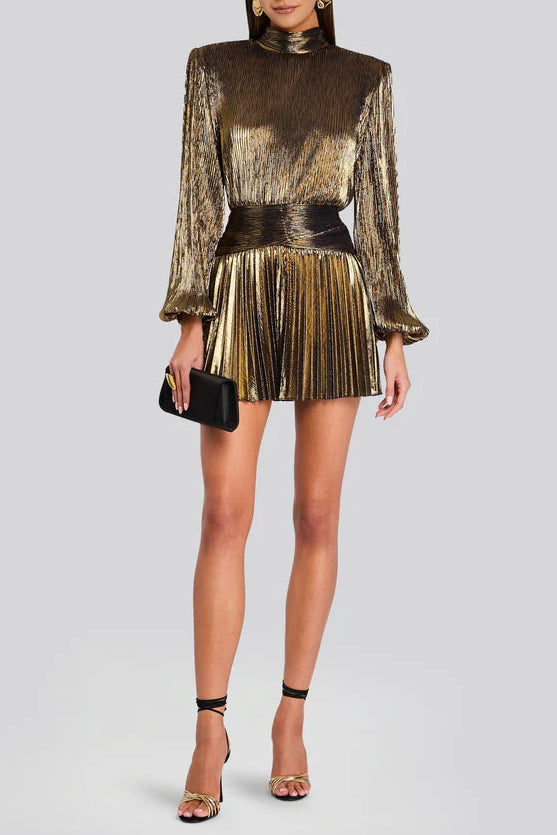 9f5105d2-8c41-4787-8061-b2c45388b2e1 NANCY GOLD LANTERN SLEEVE PLEATED MINI DRESS