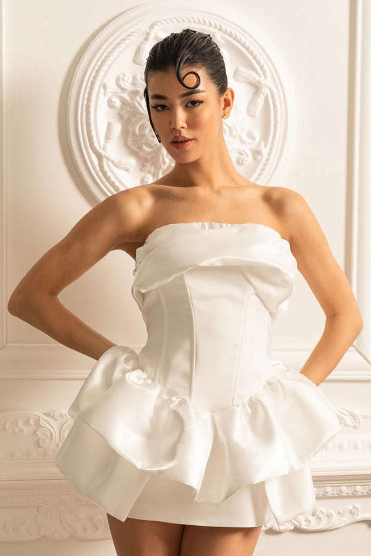 WHITE STRAPLESS RUFFLE MINI DRESS FOR PARTY