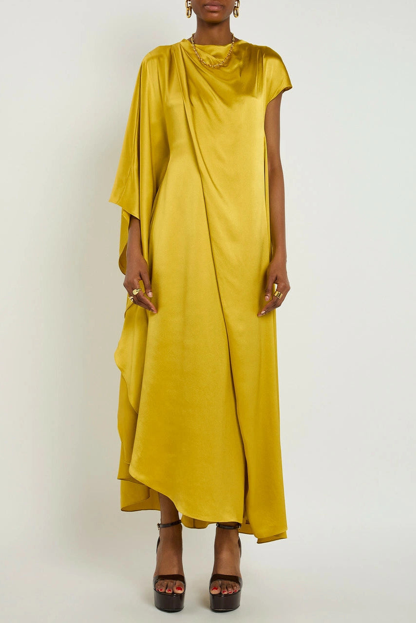 YELLOW SILK DRAPED MAXI DRESS FOR EVENTS