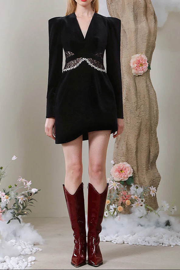 BLACK LACE V-NECK ASYMMETRY MINI BLAZER DRESS