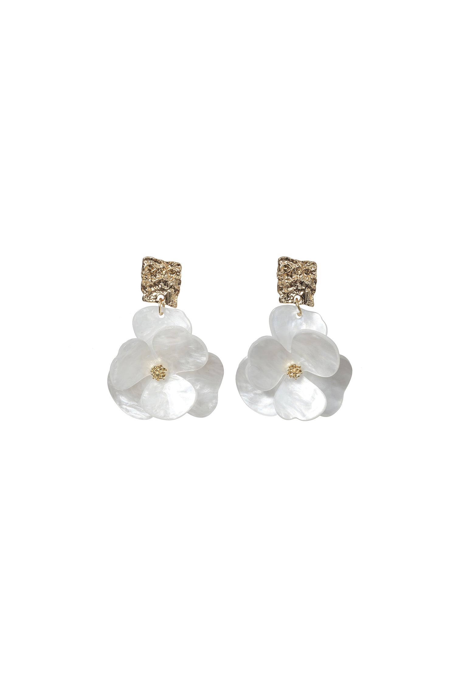 TEXTURED GOLD SQUARE PEARL FLORAL DROP EARRINGS