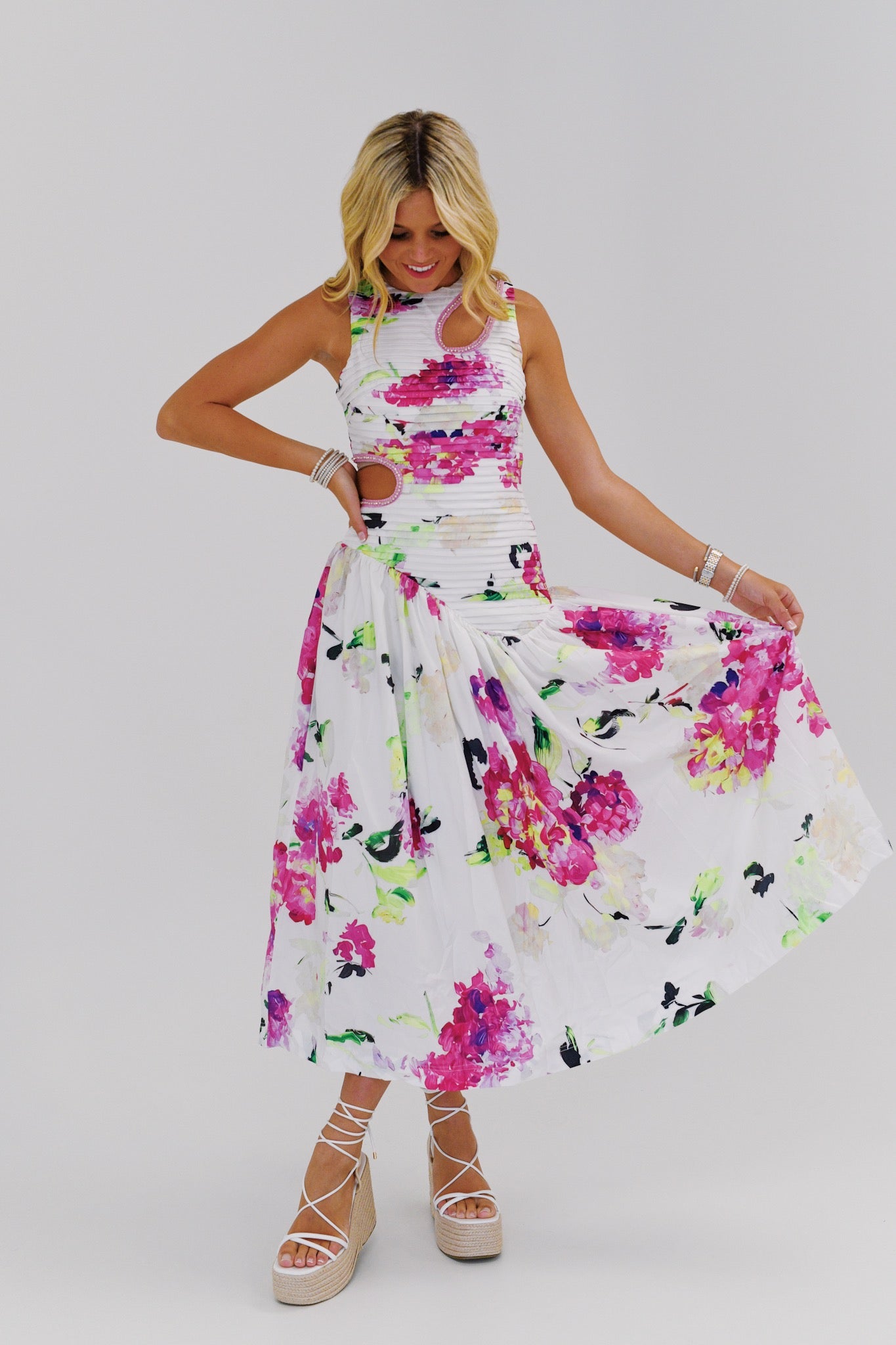 KYLIE DROP WAIST CUT OUT MIDI DRESS PURPLE LIME