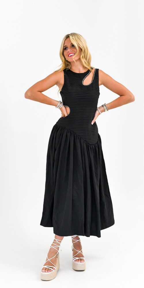 Kylie Drop Waist Cut Out Midi Dress-Black