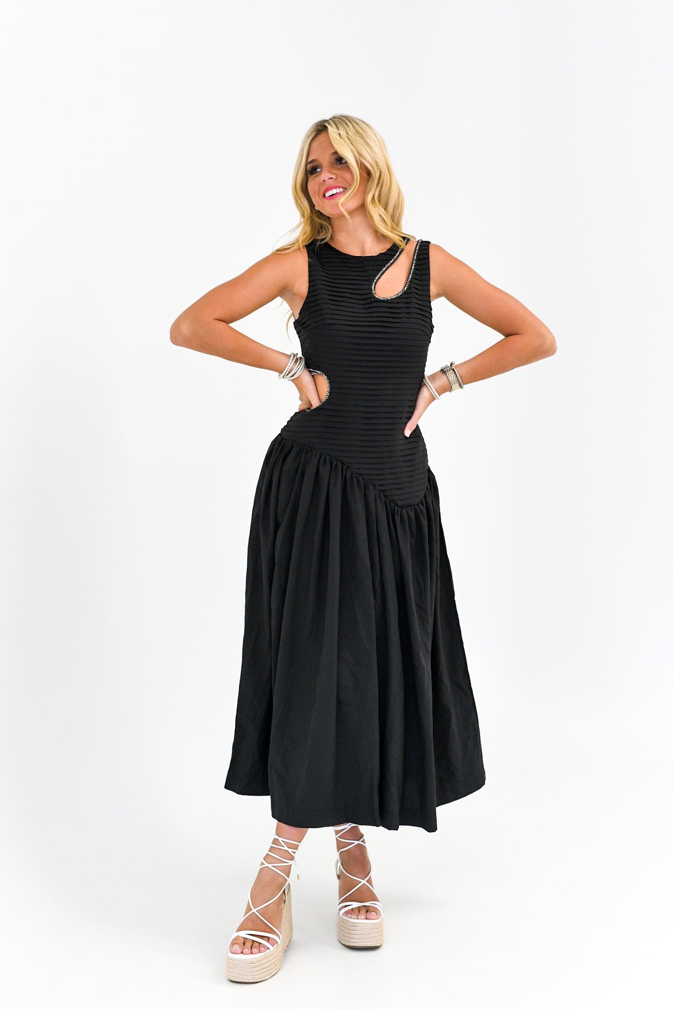 KYLIE CUT OUT DROP WAIST MIDI DRESS BLACK